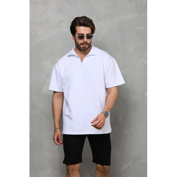 Unisex Yarım Fermuarlı Düz Oversize T-shirt - Beyaz