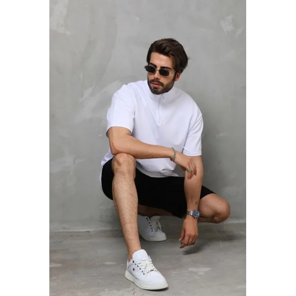 Unisex Yarım Fermuarlı Düz Oversize T-shirt - Beyaz