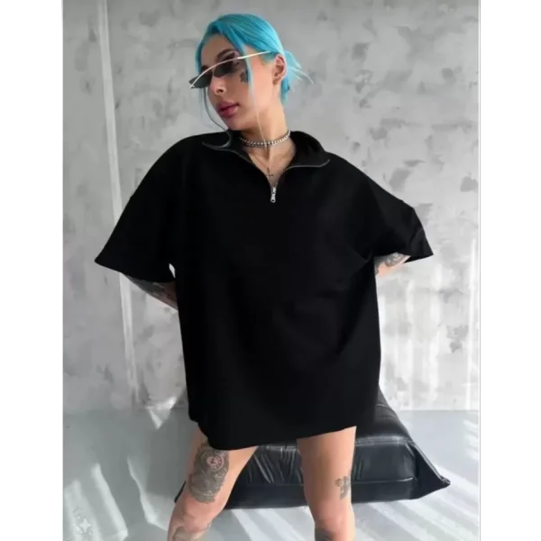 Unisex Yarım Fermuarlı Düz Oversize Thirt  iyah