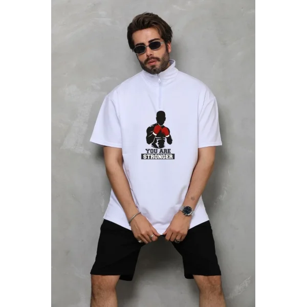 Unisex Yarım Fermuarlı Oversize Baskılı T-Shirt - Beyaz
