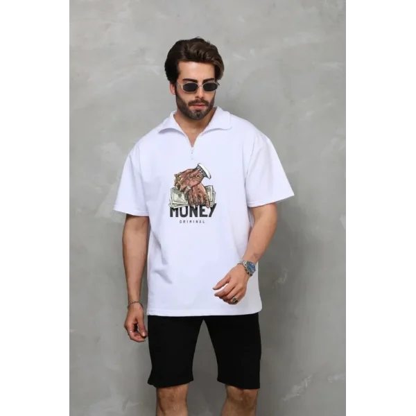 Unisex Yarım Fermuarlı Oversize Baskılı T-Shirt - Beyaz