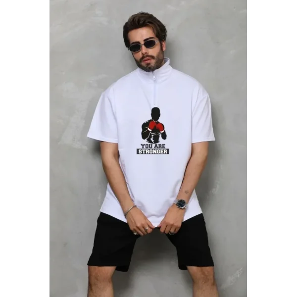 Unisex Yarım Fermuarlı Oversize Baskılı T-Shirt - Beyaz