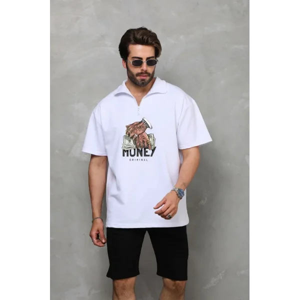Unisex Yarım Fermuarlı Oversize Baskılı T-Shirt - Beyaz