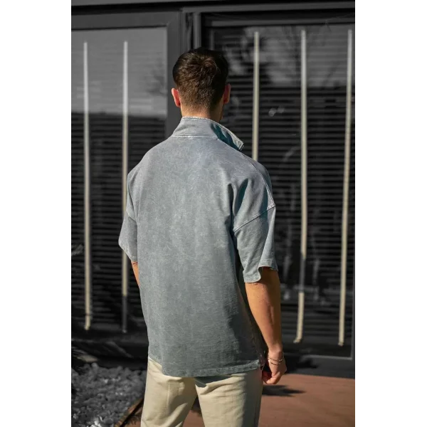 Unisex Yarım Fermuarlı Yıkamalı T-Shirt - Gri