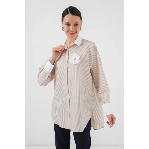 Uzun Çizgili Gömlek 5962 - Bej