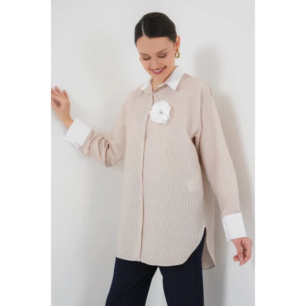 Uzun Çizgili Gömlek 5962 - Bej