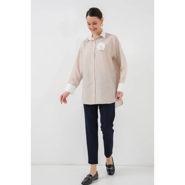 Uzun Çizgili Gömlek 5962 - Bej