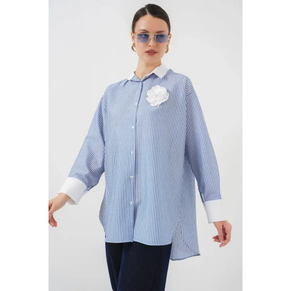Uzun Çizgili Gömlek 5962 - Mavi