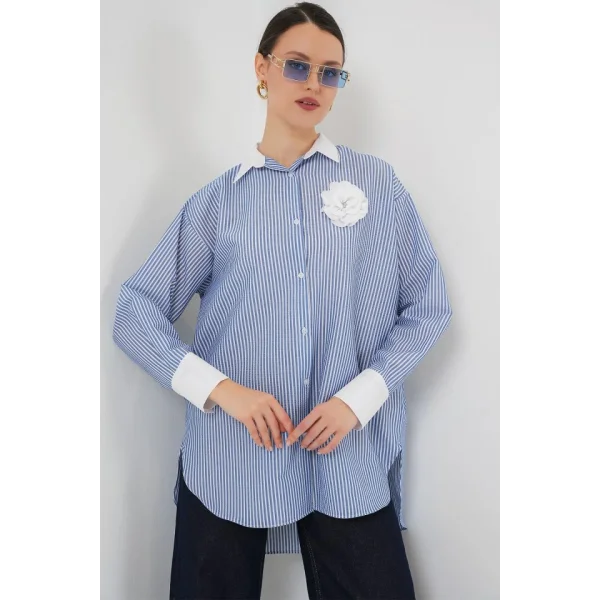 Uzun Çizgili Gömlek 5962 - Mavi