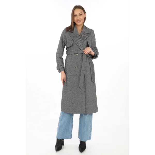 Uzun Kaşe Kaban – Balık Sırtı Dokuma Kaşmir Kumaş, Kruvaze Yaka, Kuşaklı Cepli Model, Oversize Rahat Kalıp - Boyalı Gri