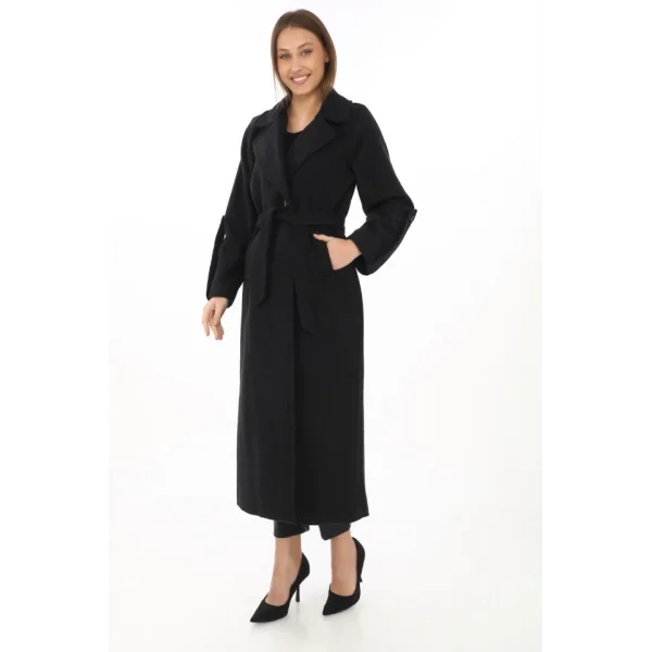 Uzun Kaşe Kaban – Yünlü Dokuma Kaşmir Kumaş, Kruvaze Yaka, Kuşaklı Astarlı Tesettür Uyumlu Şık Kışlık Siyah Model - Siyah