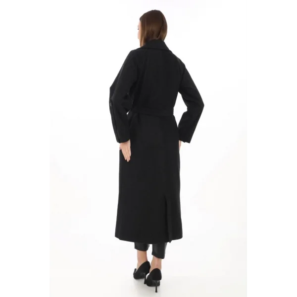 Uzun Kaşe Kaban – Yünlü Dokuma Kaşmir Kumaş, Kruvaze Yaka, Kuşaklı Astarlı Tesettür Uyumlu Şık Kışlık Siyah Model - Siyah