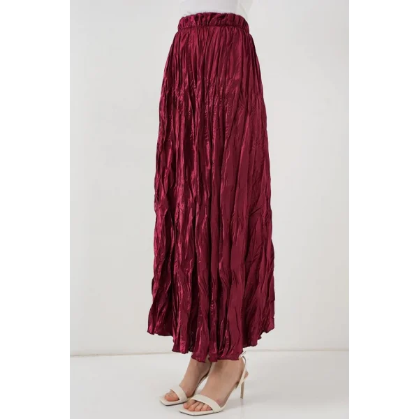 Uzun Kırışık Etek 8034  Bordo