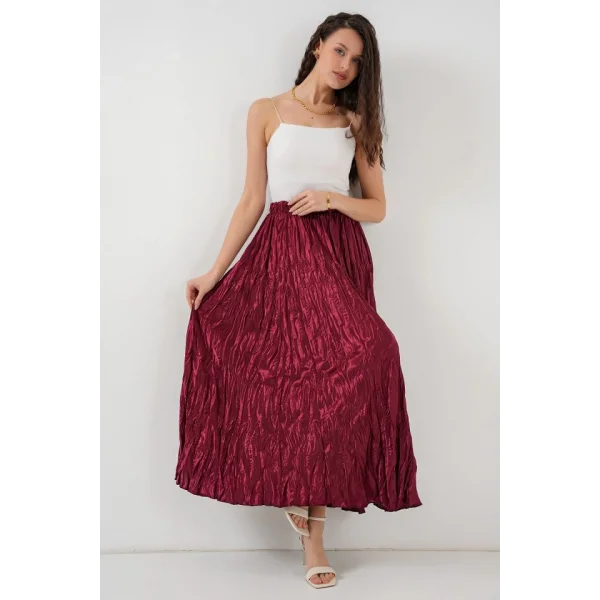 Uzun Kırışık Etek 8034  Bordo