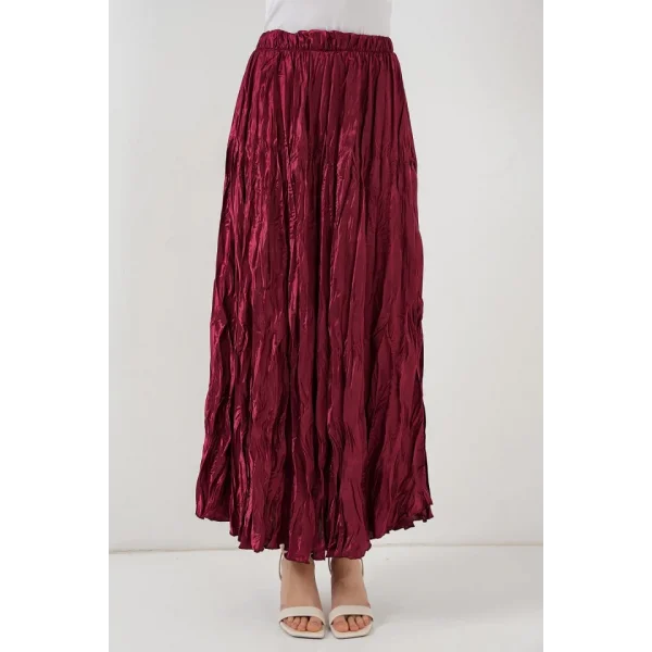 Uzun Kırışık Etek 8034  Bordo