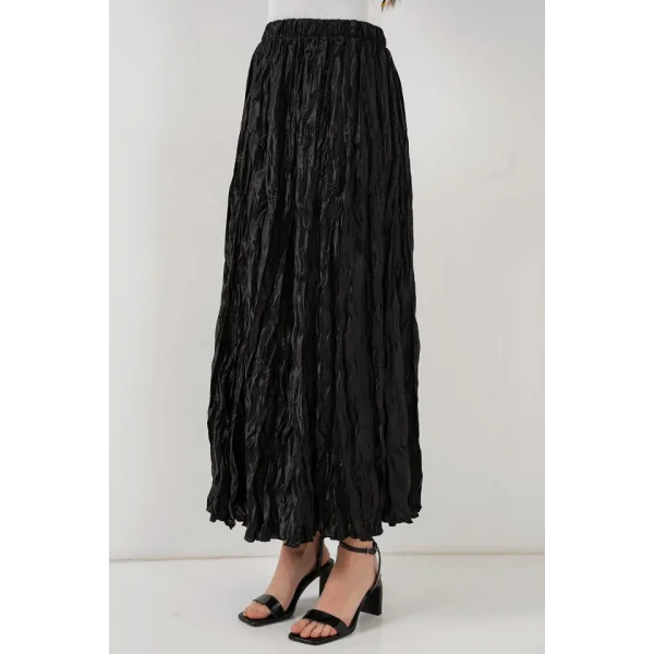 Uzun Kırışık Etek 8034 - Siyah