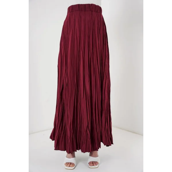 Uzun Kırışık Etek 8042 - Bordo