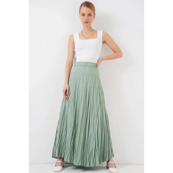 Uzun Kırışık Etek 8042 - Çağla