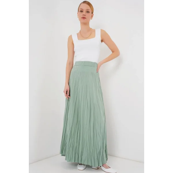 Uzun Kırışık Etek 8042 - Çağla