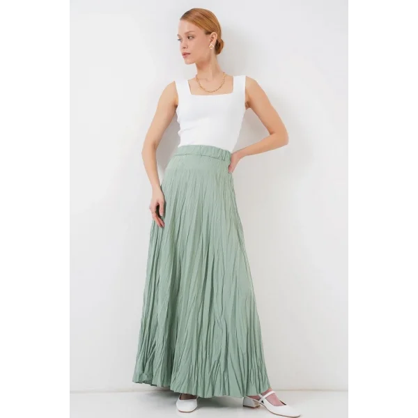 Uzun Kırışık Etek 8042 - Çağla