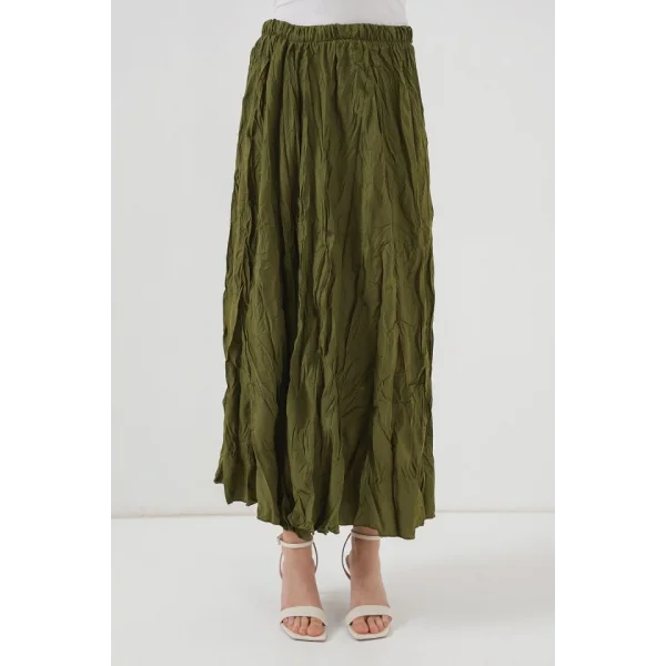 Uzun Kırışık Etek 8042 - Haki