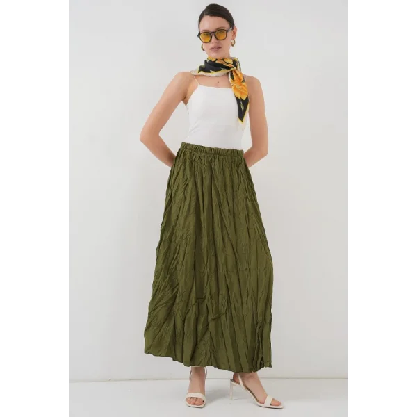 Uzun Kırışık Etek 8042 - Haki