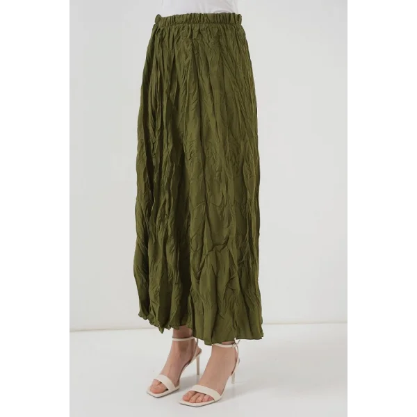 Uzun Kırışık Etek 8042 - Haki