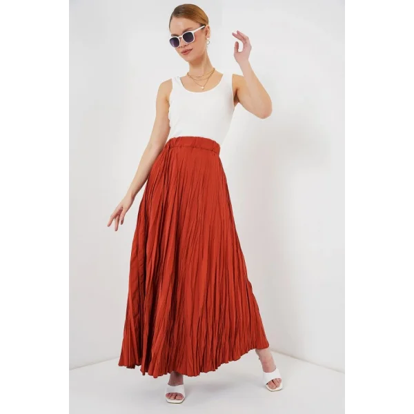 Uzun Kırışık Etek 8042 - Kiremit