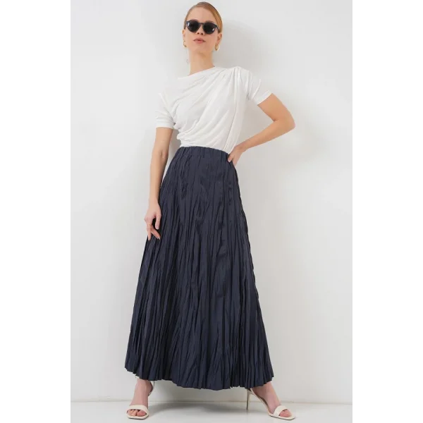Uzun Kırışık Etek 8042 - Lacivert