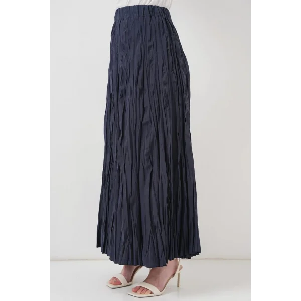 Uzun Kırışık Etek 8042 - Lacivert