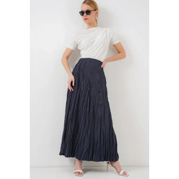 Uzun Kırışık Etek 8042 - Lacivert