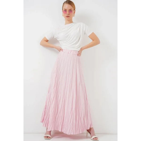 Uzun Kırışık Etek 8042 - Pudra