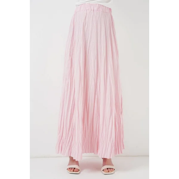 Uzun Kırışık Etek 8042 - Pudra