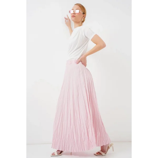Uzun Kırışık Etek 8042 - Pudra