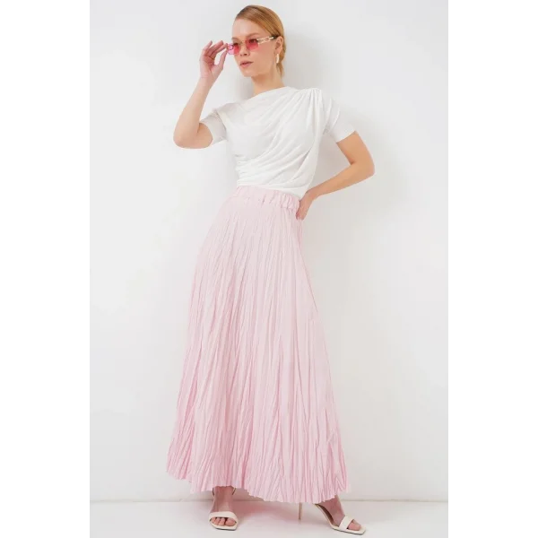 Uzun Kırışık Etek 8042 - Pudra