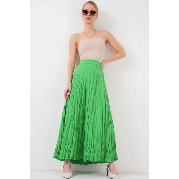 Uzun Kırışık Etek 8042 - Yeşil