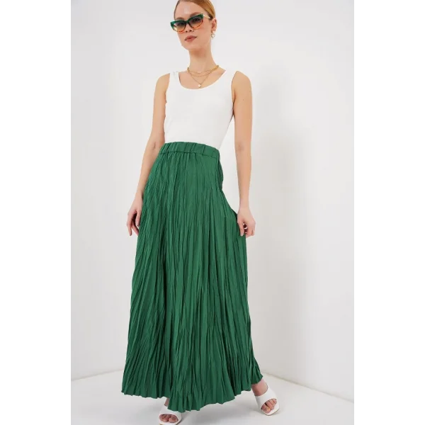 Uzun Kırışık Etek 8042 - Zümrüt Yeşili