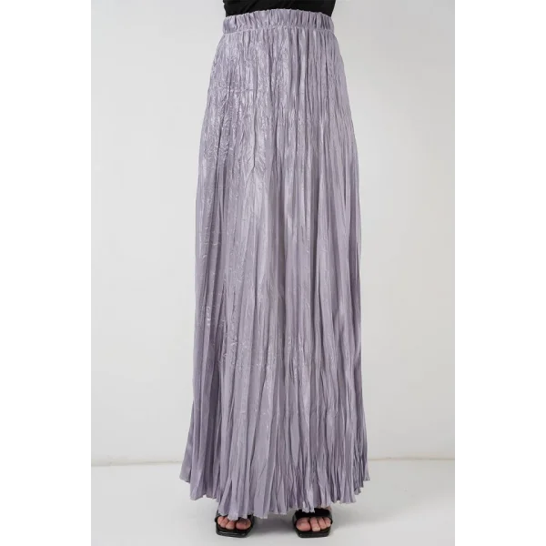 Uzun Kırışık Parlak Etek 8034 - Gri