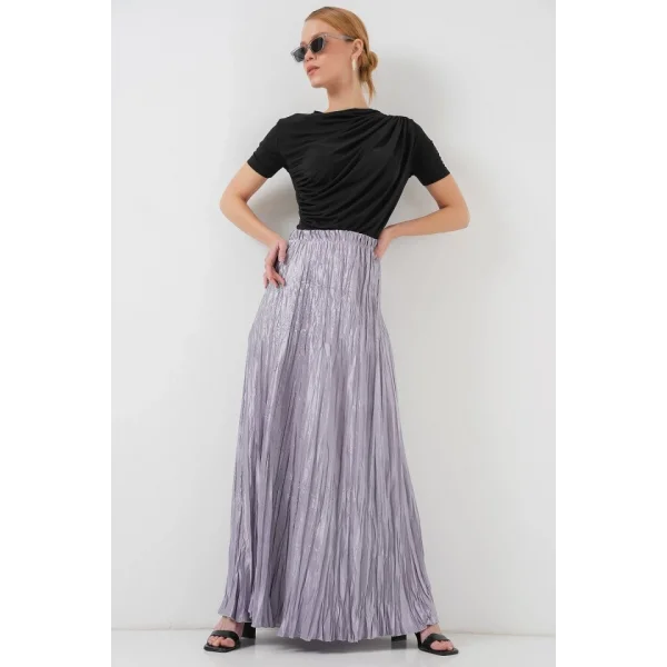 Uzun Kırışık Parlak Etek 8034 - Gri