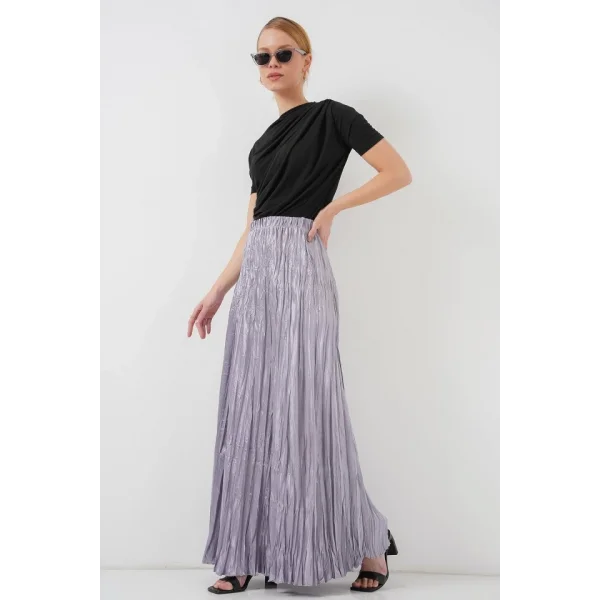 Uzun Kırışık Parlak Etek 8034 - Gri