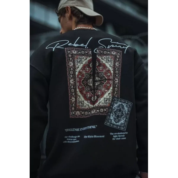 Uzun Kol Bisiklet Yaka Baskılı SweatShirt - Siyah