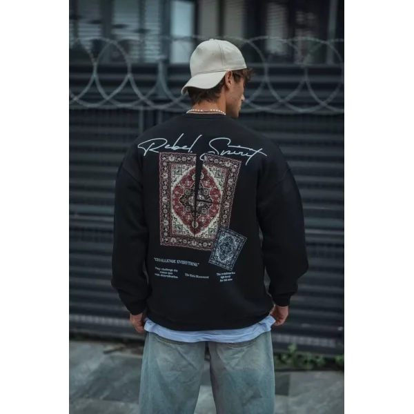 Uzun Kol Bisiklet Yaka Baskılı SweatShirt - Siyah