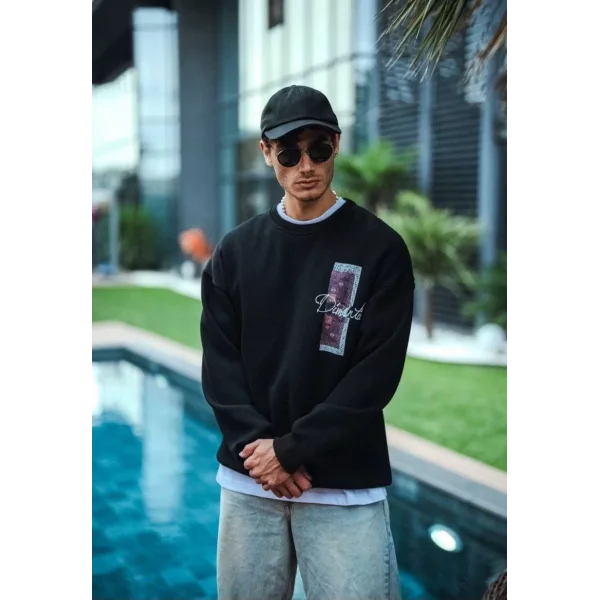 Uzun Kol Bisiklet Yaka Ön ve Arka Baskılı SweatShirt - Siyah