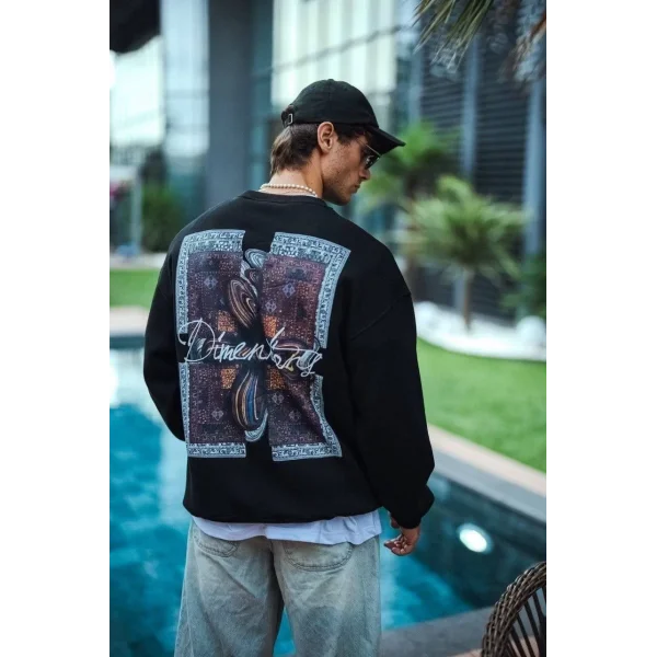 Uzun Kol Bisiklet Yaka Ön ve Arka Baskılı SweatShirt - Siyah