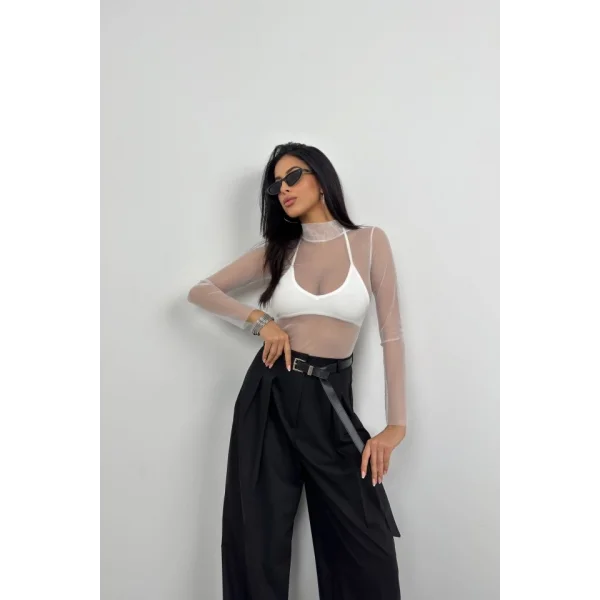 Uzun Kol Boyunlu Tül Bluz