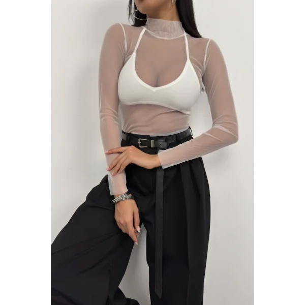 Uzun Kol Boyunlu Tül Bluz