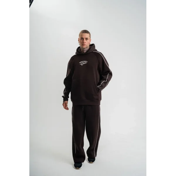 Uzun Kol Kapşonlu Ara Biyeli Baggy Eşofman Takım - Kahve