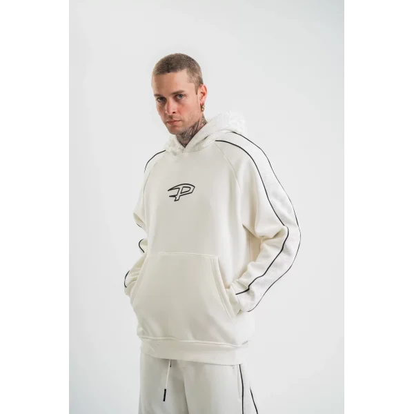 Uzun Kol Kapşonlu Ara Biyeli SweatShirt - Beyaz