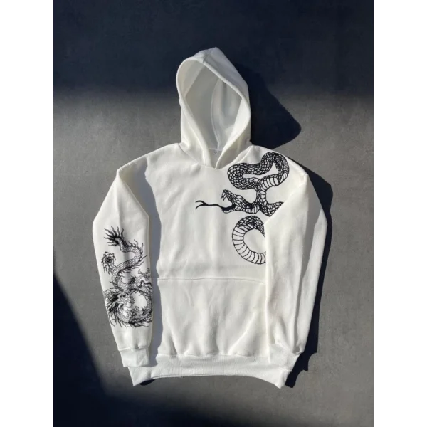 Uzun Kol Kapşonlu Baskılı weathirt  Beyaz