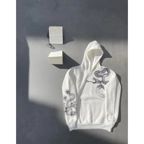 Uzun Kol Kapşonlu Baskılı weathirt  Beyaz